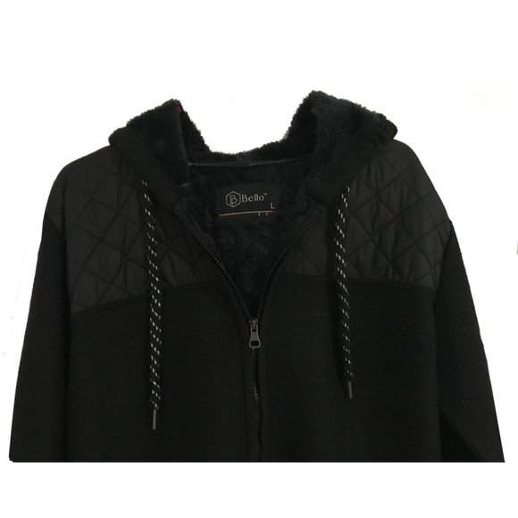 Men's Winter Quilted Fur-Lined Full-Zip Warm Sweater Hoodie Jacket, Black, L - Picture 3 of 10